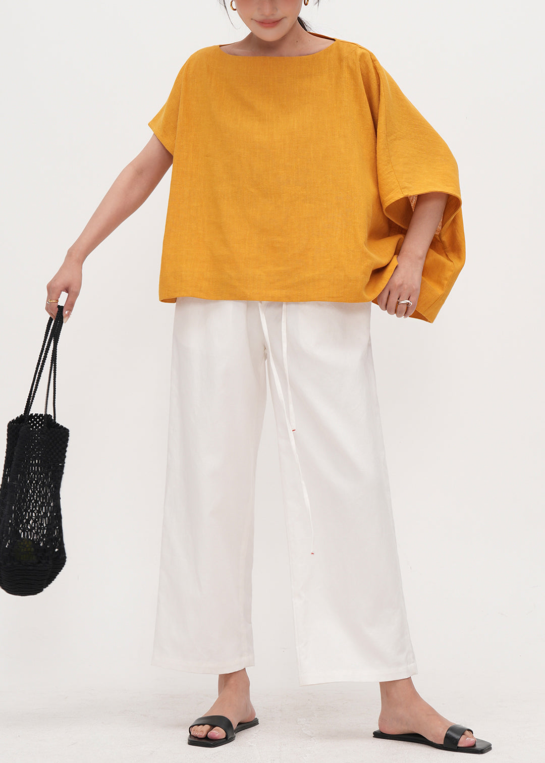 Yellow Oversized Linen Tank Tops Batwing Sleeve