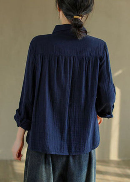 French Tibetan Blue Button Peter Pan Collar Lace Patchwork Cotton Shirt Tops Spring