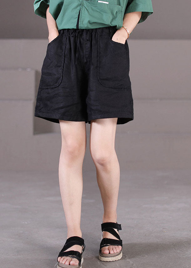 Black Elastic Waist Drawstring Pockets Linen Wide Leg Shorts Summer