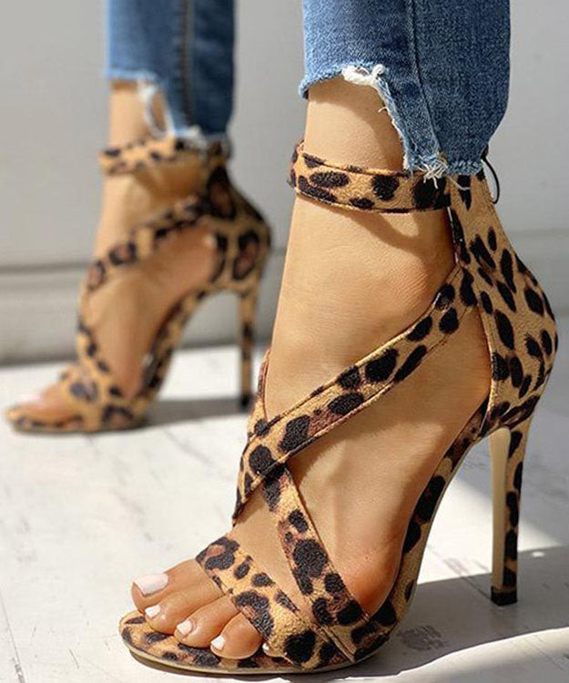 Soft Leopard Print Cross Strap Zippered Stiletto Sandals Velour Fabric