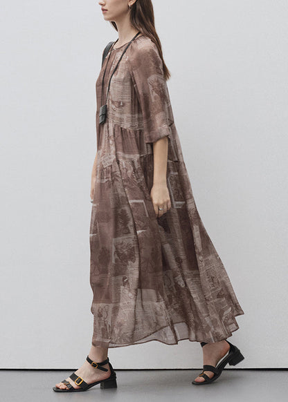 Style Brown O Neck Print Patchwork Silk Long Dress Summer
