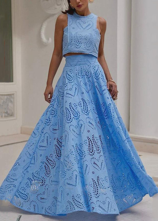 French Blue Hollow Out Tops and Skirts Cotton Two Piece Set Sleeveless Summer
