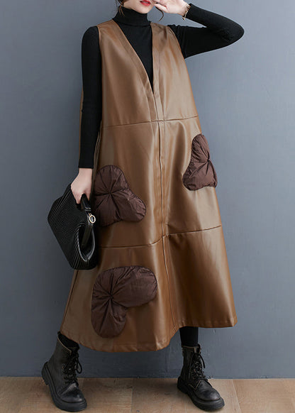 Khaki Stereoscopic Faux Leather Maxi Dresses V Neck Sleeveless