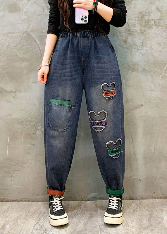 Blue Pockets Patch Elastic Waist Denim Pants Spring