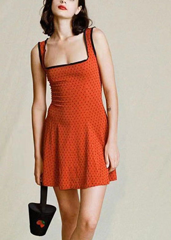 Slim Fit Red Square Collar Dot Print Spaghetti Strap Mid Dress Sleeveless Summer