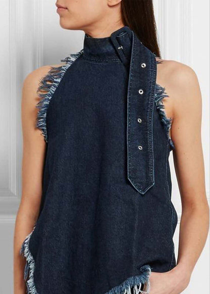 Navy Stand Collar Tassel Denim Vests Sleeveless