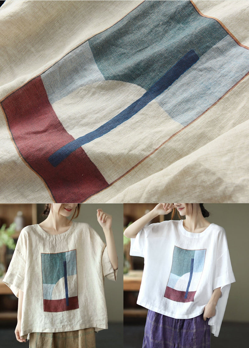 Linen Colour Print Linen Tank O-neck Oversized Short Sleeve