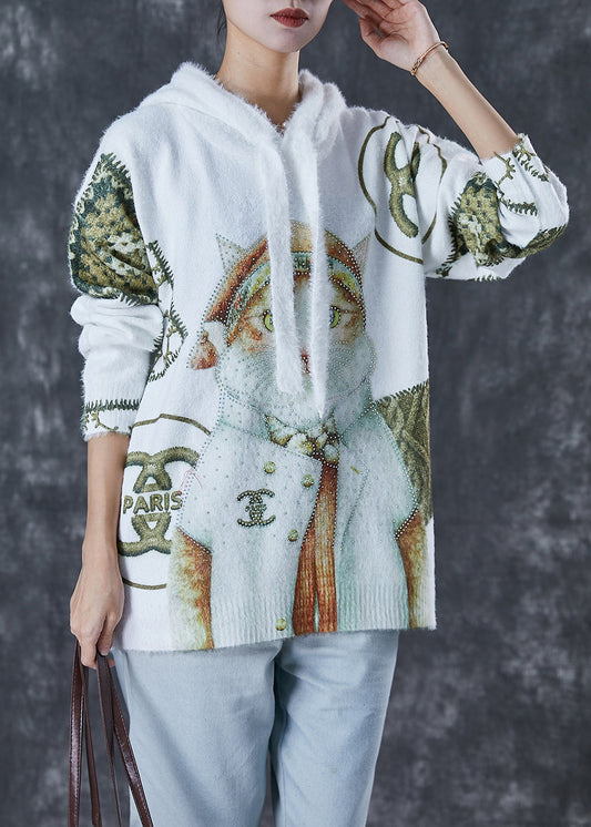 White Hooded Cat Print Mink Hair Knitted Sweaters Winter