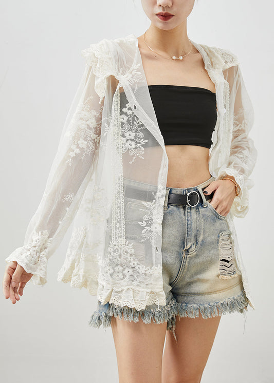 White Hooded Embroideried Patchwork Tulle Upf 50+ Coats Fall