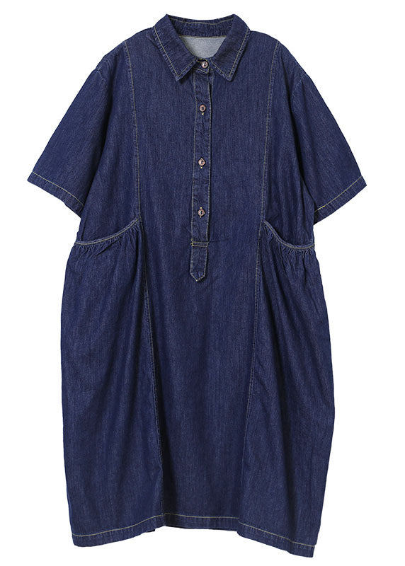 Denim Blue Peter Pan Collar Wrinkled Pockets Cotton Robe Dresses Short Sleeve