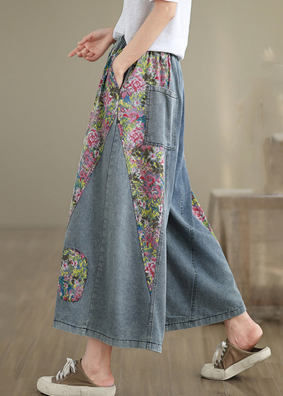 Blue Elastic Waist Pockets Patchwork Crop Jeans Summer