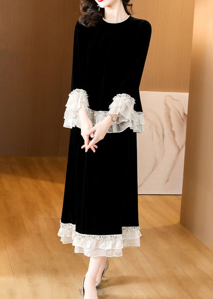 Black Nail Bead Patchwork Silk Velvet Two-piece Set Spring