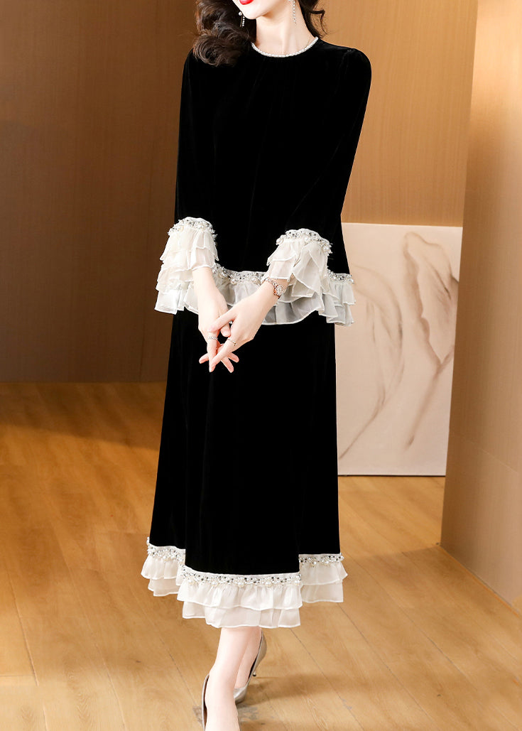 Black Nail Bead Patchwork Silk Velvet Two-piece Set Spring