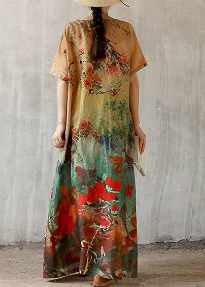 V Neck Print Linen Long Dress Short Sleeve