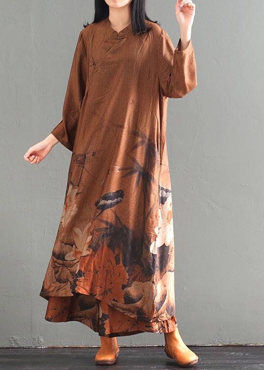 Khaki Print Chinese Button Silk Two Piece Set Clothing Fall