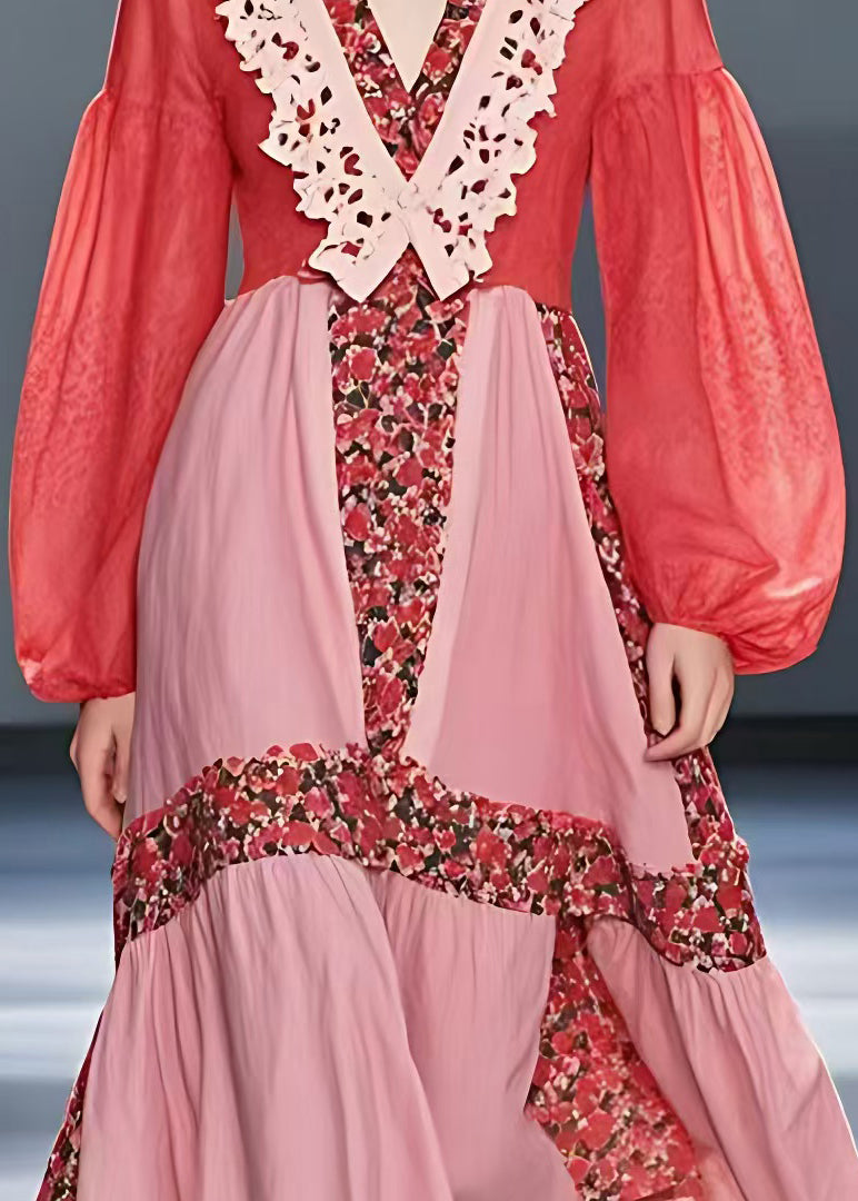 Red V Neck Print Patchwork Cotton Dress Long Sleeve