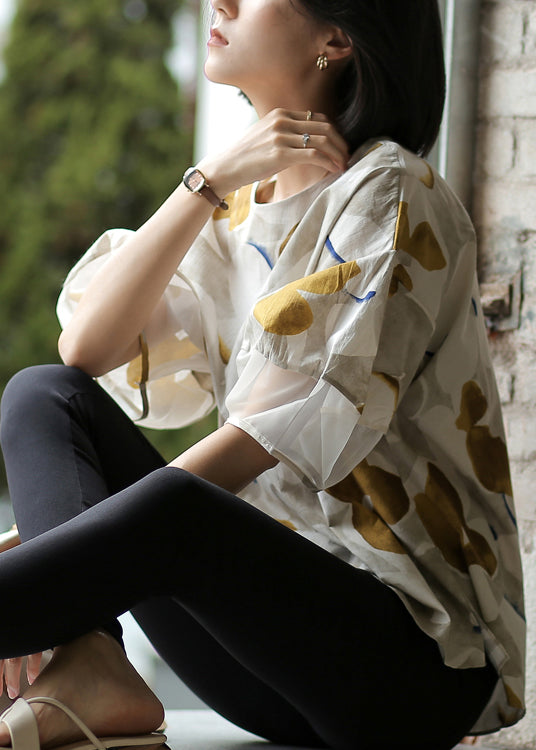 Modern Chocolate Colour O-neck Print Button Tops Half Sleeve