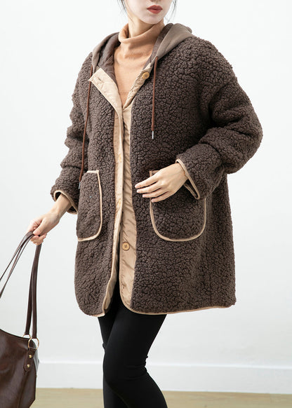 Chocolate Hooded Patchwork Pockets Teddy Faux Fur Coats Winter