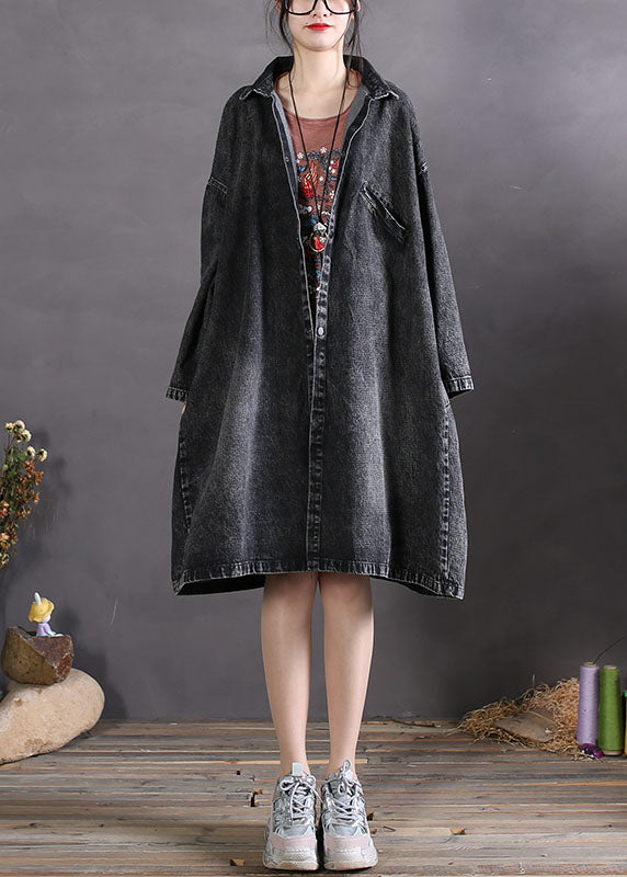 Diy Charcoal Grey Peter Pan Collar Button Denim Coats Spring