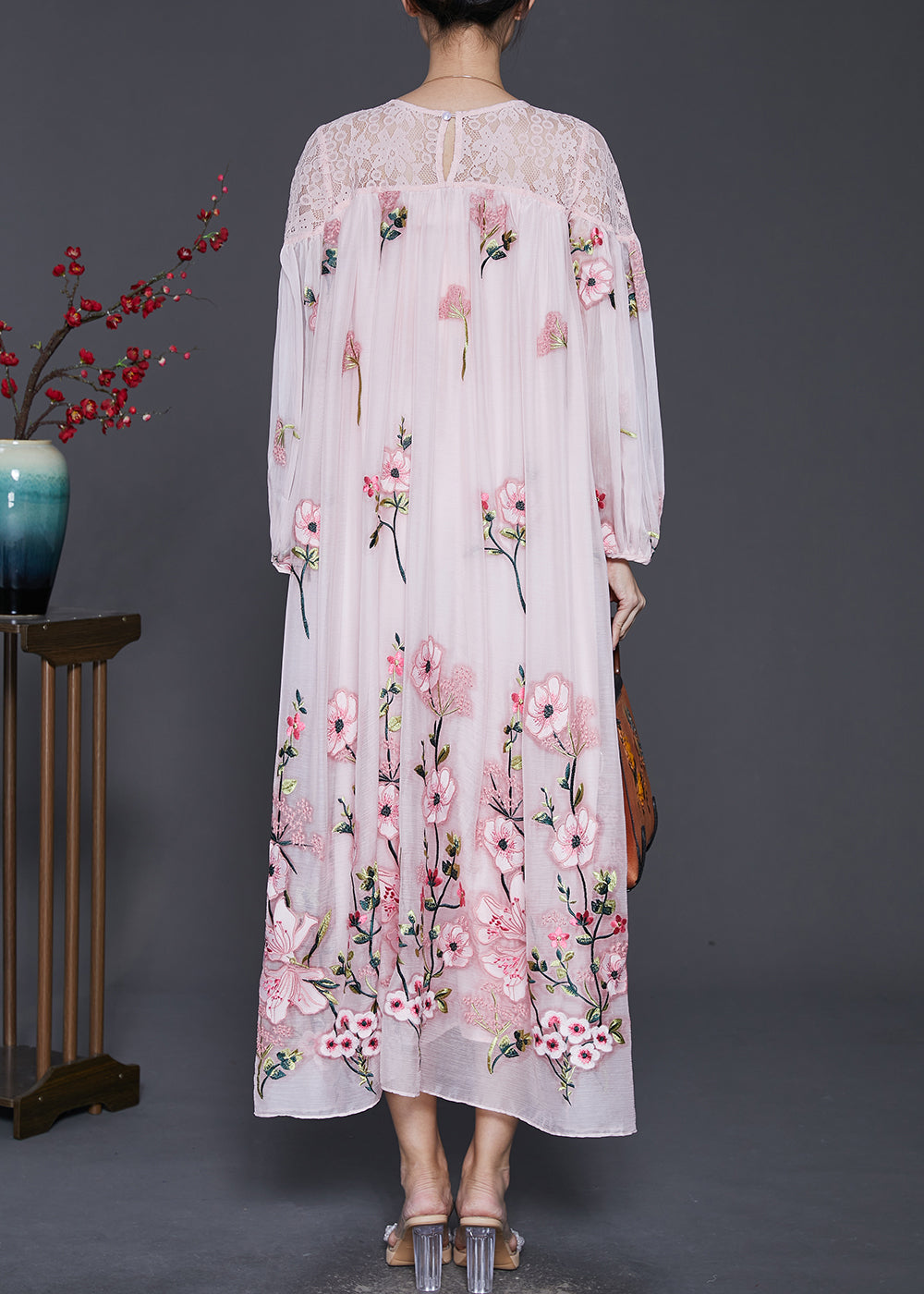 Stylish Pink Embroidered Hollow Out Silk Velour Maxi Dresses Spring