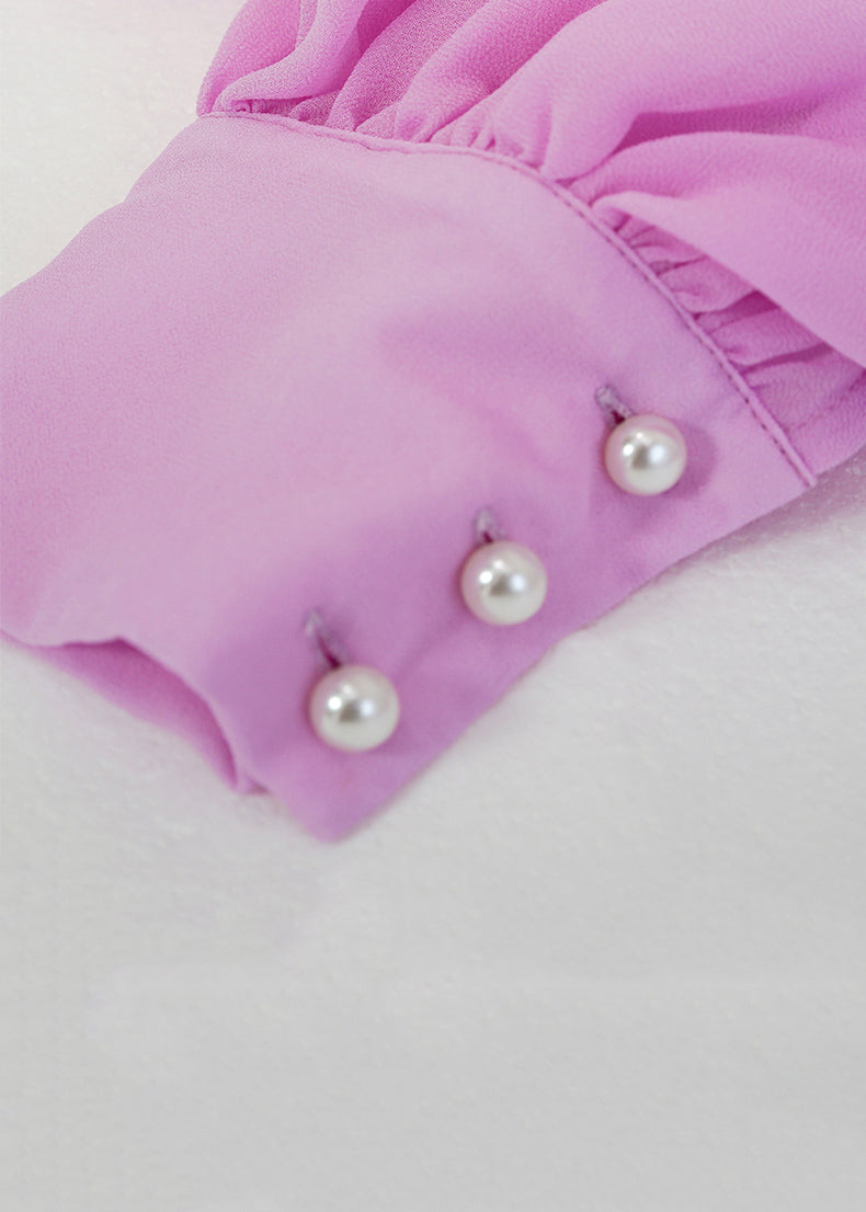 Purple Wrinkled Chiffon Dress Lantern Sleeve