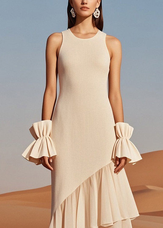 Beige O Neck Wrinkled Patchwork Knit Dress Sleeveless