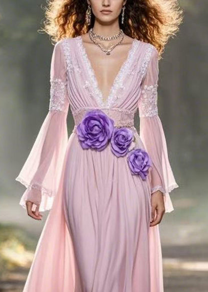 Pink V Neck Chiffon Long Dress Spring