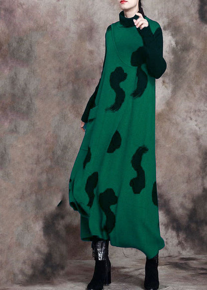 Fitted Green Turtleneck Slim Fit Knit Fall Maxi Dress Long Sleeve