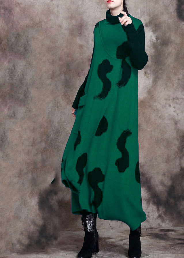 Fitted Green Turtleneck Slim Fit Knit Fall Maxi Dress Long Sleeve