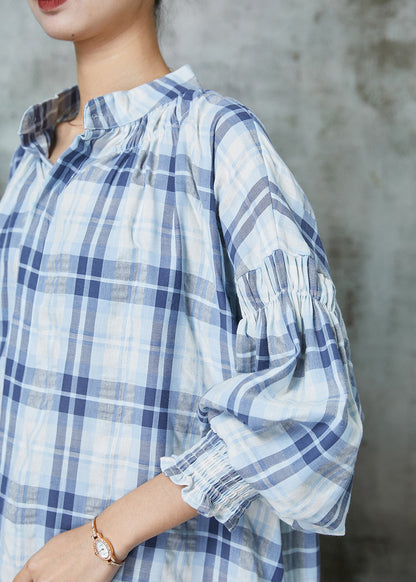Blue Oversized Plaid Cotton Blouses Lantern Sleeve