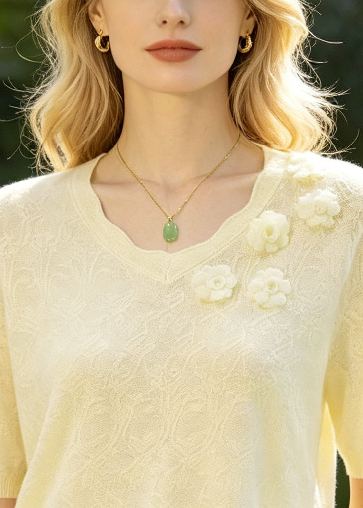 Boutique Beige Jacquard Handmade Knit Shirt Top Summer