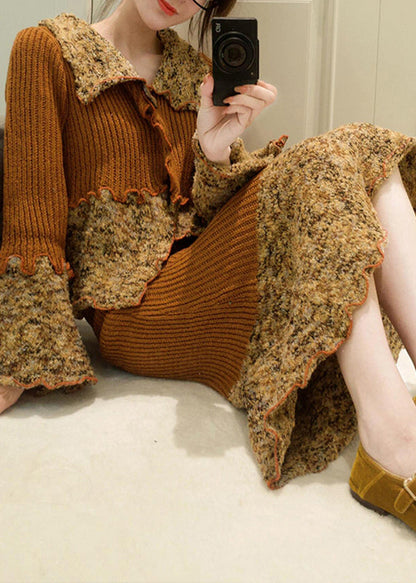 French Peter Pan Collar Print Patchwork Cotton Knit Cardigans and Maxi Skirts Two Pieces Set Fall