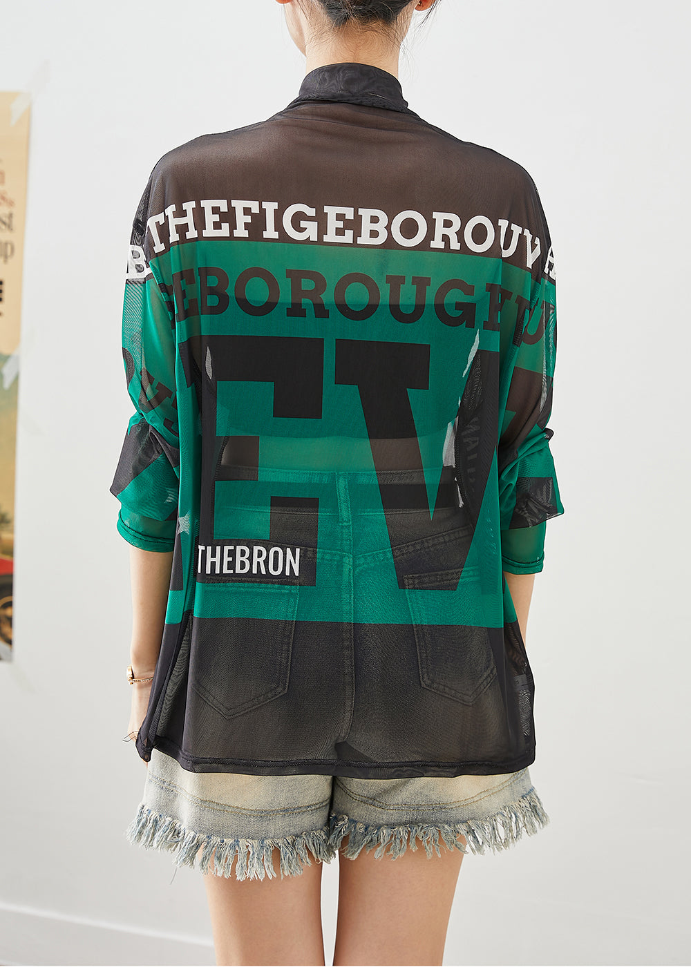 Green Turtle Neck Letter Print Tulle Tops Fall