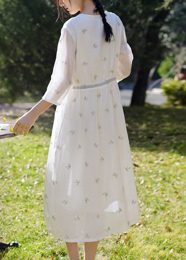 White Embroidered Button Linen Dress Spring