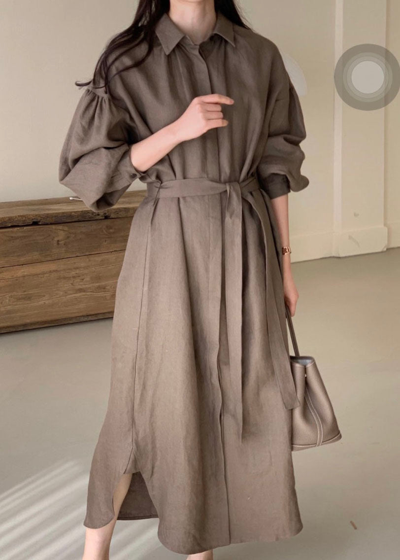 Lantern Sleeve Chocolate Shirts Dress Cinched Spring