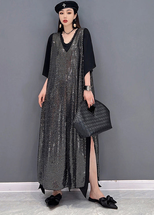 Unique Black V Neck Side Open Chiffon Long Dress and Sequins Long Smock Two Pieces Set Summer