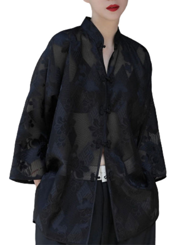 Black Chinese Button Jacquard Patchwork Silk Shirt Tops Fall