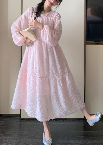 Pink O-neck Patchwork Lace Long Dress Spring