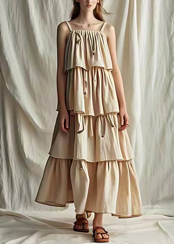 Light Khaki Wrinkled Cotton Spaghetti Strap Dress Sleeveless