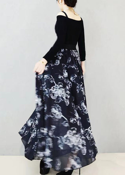 Black Wrinkled Print Exra Large Hem Chiffon Skirts Summer