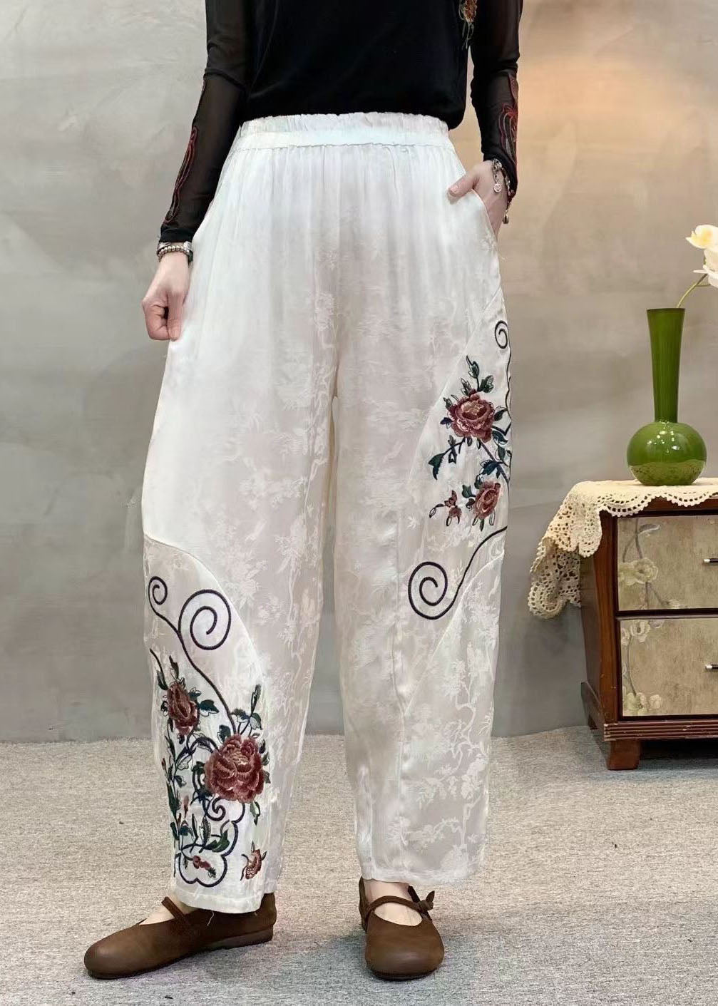 Orange Embroidered Jacquard Pockets Silk Harem Pants Spring