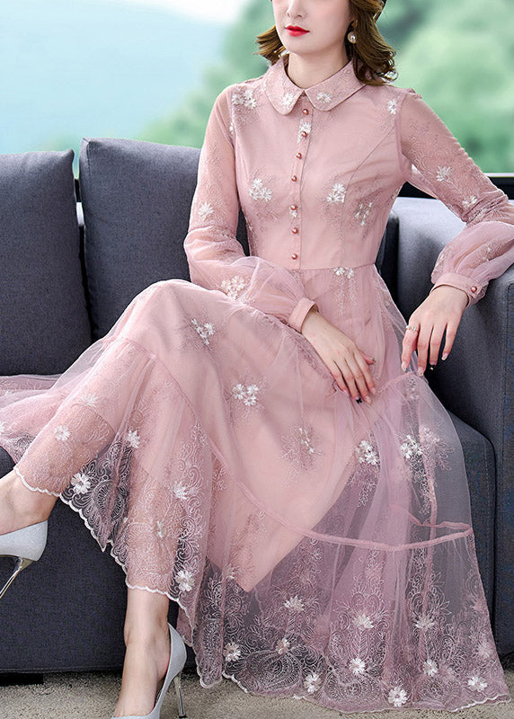 Pink Peter Pan Collar Embroideried Patchwork Button Tulle Maxi Dress Long Sleeve