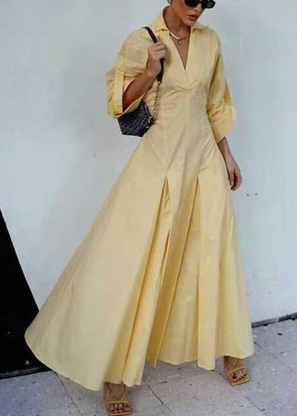 Yellow V Neck Zippered Cotton Shirts Dress Half Sleeve