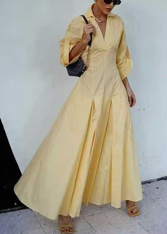 Yellow V Neck Zippered Cotton Shirts Dress Half Sleeve