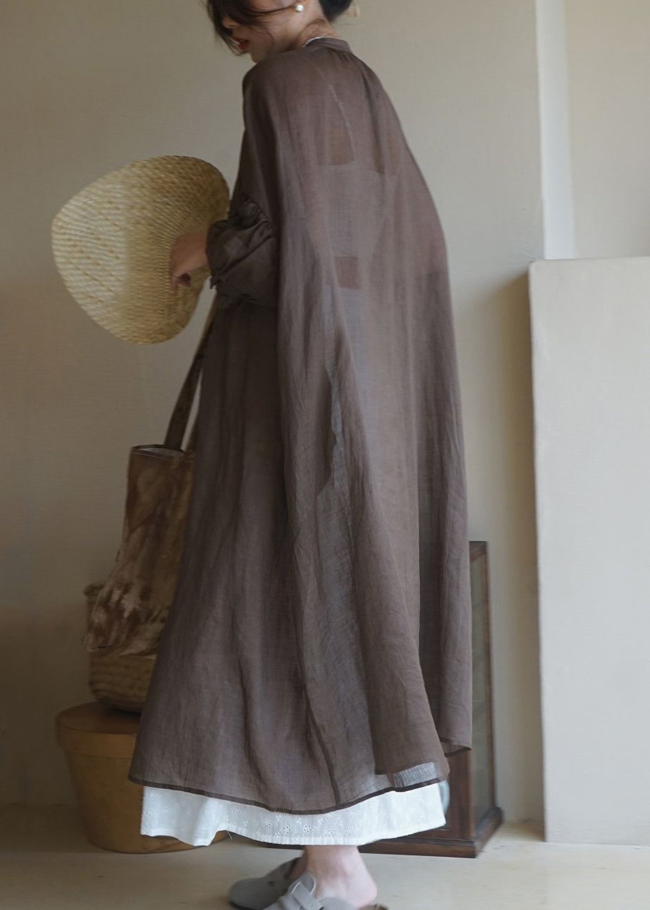 Coffee Ruffled Button Cotton Shirt Long Dresses Long Sleeve