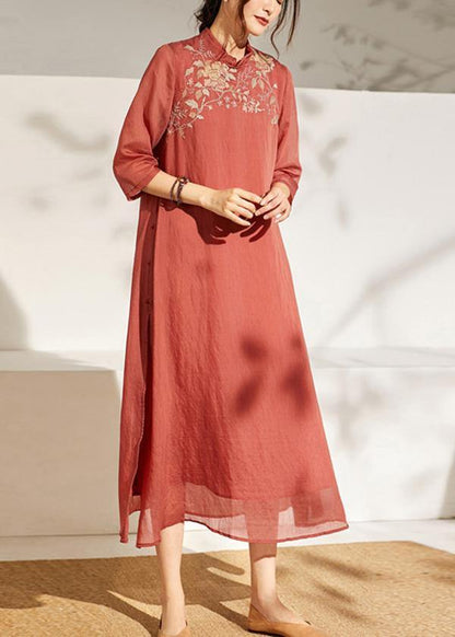 Beige Embroideried Patchwork Button Summer Long Dress