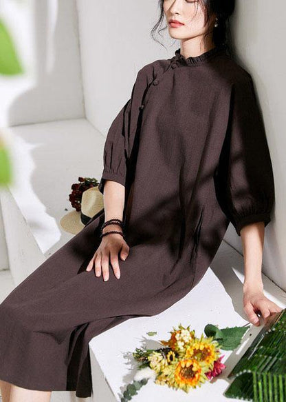Black Pockets Button Summer Linen Maxi Dresses Half Sleeve