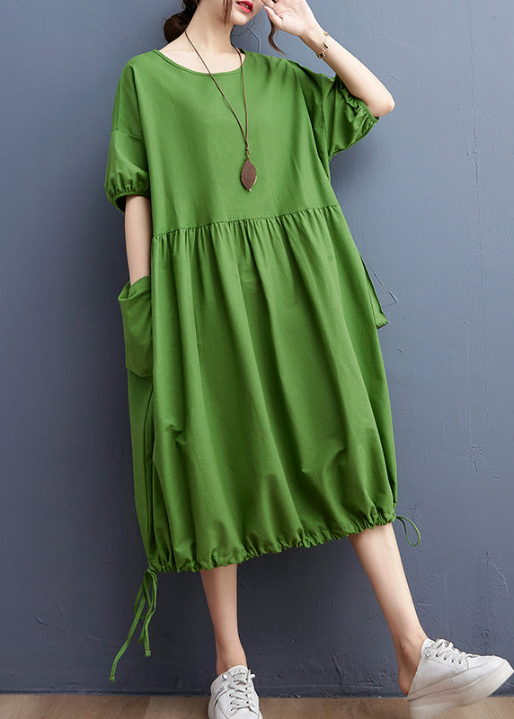 Green O-neck Cinched Drawstring Pocket Vacation Dresses Short Sleeve