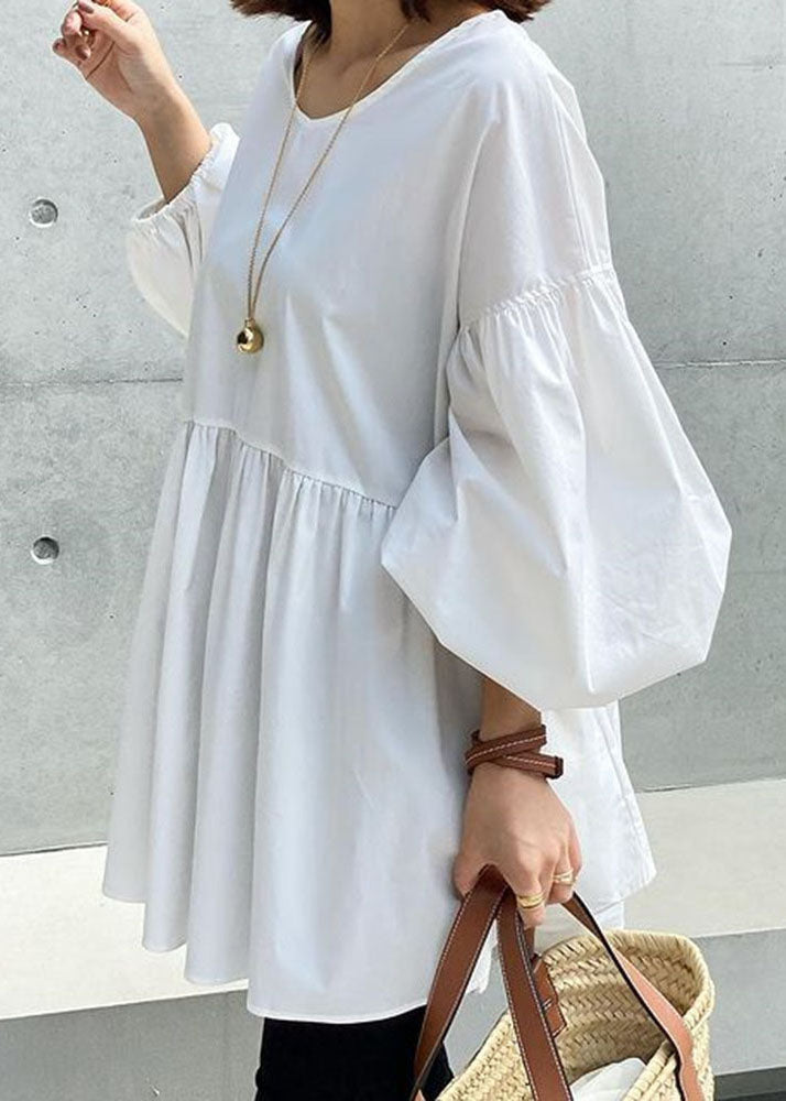 White O Neck Patchwork Cotton Shirt Tops Lantern Sleeve
