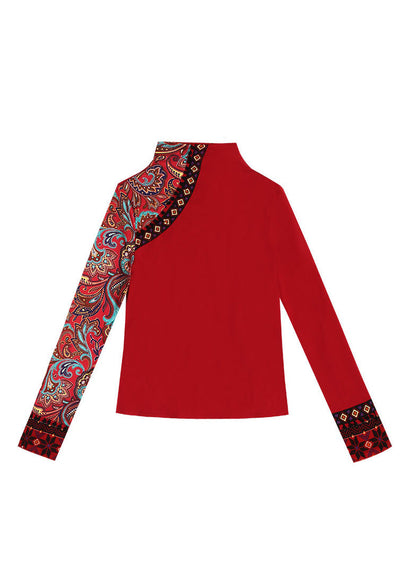 Red Turtleneck Print Cotton Tops Spring